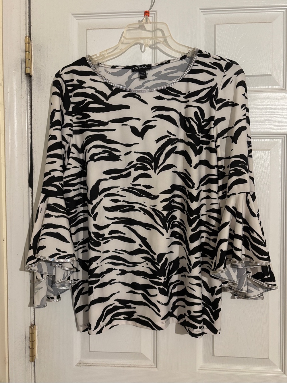 Prelude Black/White Zebra-Print Bell Sleeve Top with Rhinestones MSK size XL